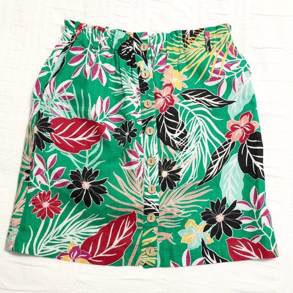 Cynthia Rowley 100% Linen Floral Skirt XL Green with Elastic Waist Band and Tie
